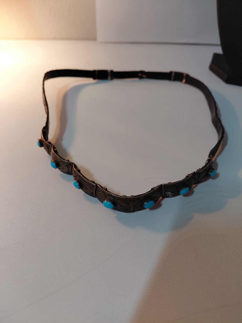 Vintage Navajo Silver Turquoise Concho Hat Band Hand Stamped Leather